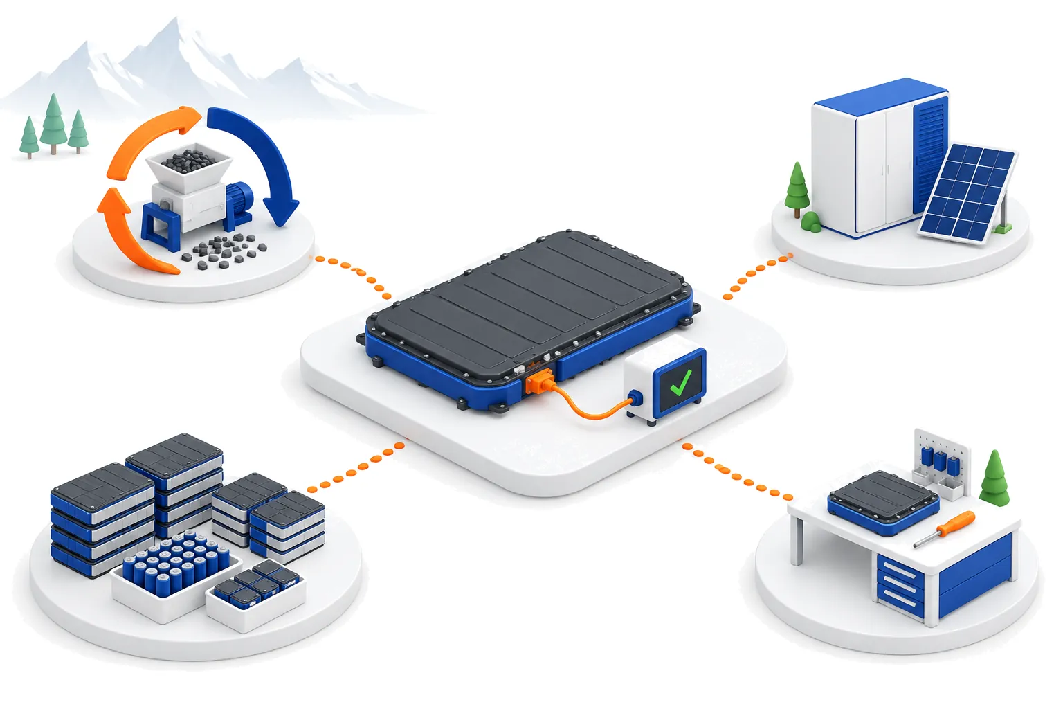 A used EV battery pack on a test platform, connected to four onward routes: certified recycling, second-life storage, parts recovery and repair.