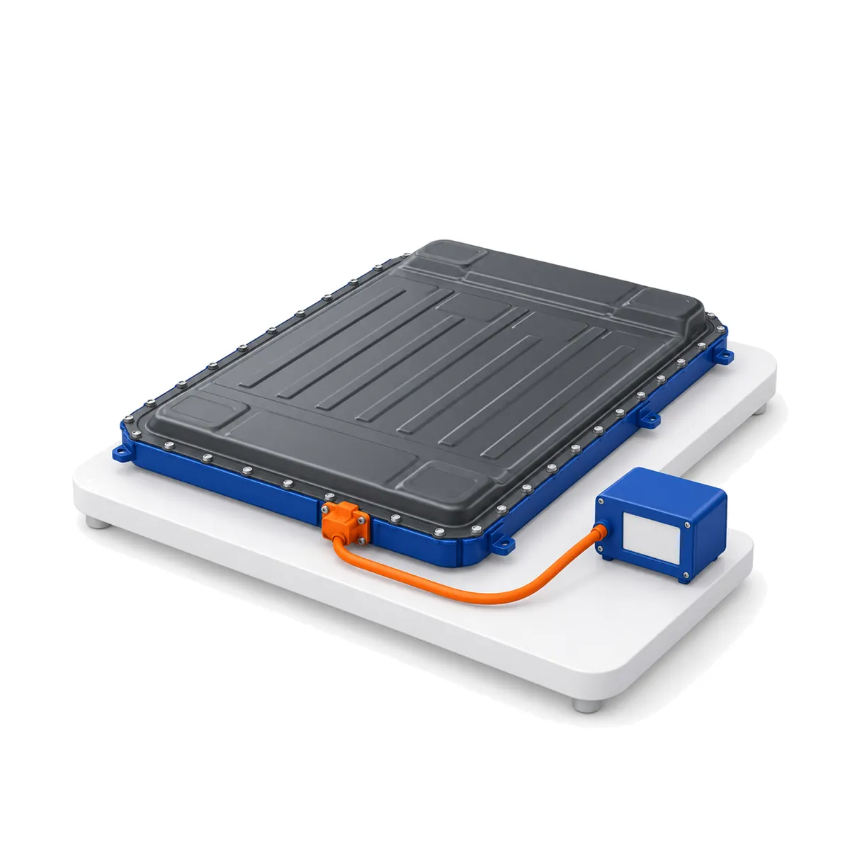 A used EV battery pack on a test platform, connected to a pack interface.